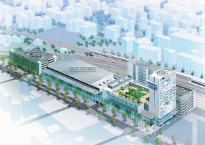 沼津駅北に整備される東部コンベンションセンター(完成予想図)。北側(手前)外観を一面のガラス張りにしたデザインが印象的だ。大和ハウス工業を代表企業に、INA新建築研究所など数社が事業を行う。ホテル協力企業はダイワハウスロイヤルと沼津キャッスル